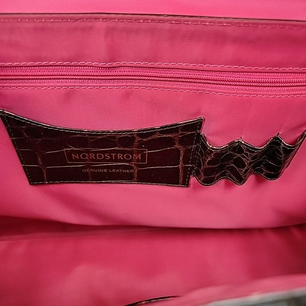 Vintage NORDSTROM Large Croco Embossed Leather Purse Hand Bag‎ Wine Gold Studded